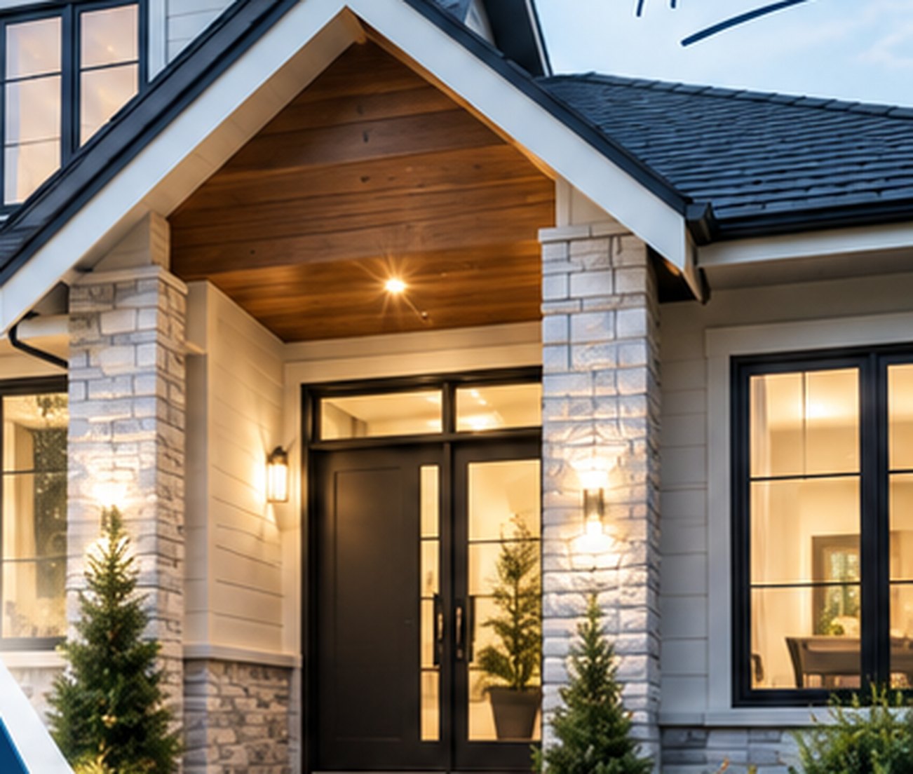 Covered entry of a newly built home at dusk