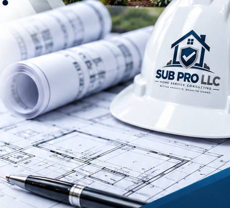 Rolled construction drawings, a hard hat and a floor plan on a desk